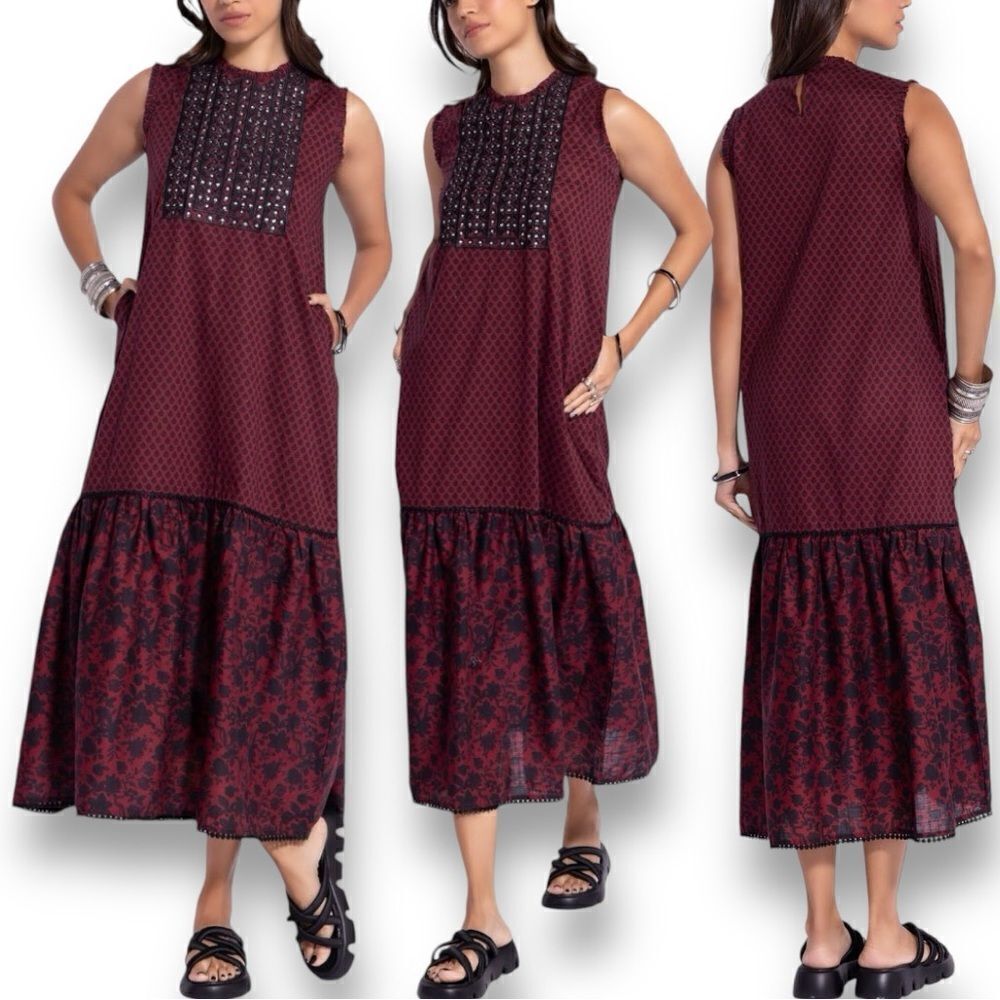 KHAADI Women’s Bohemian Embroidered Maxi Dress in the Size Medium in Burgundy